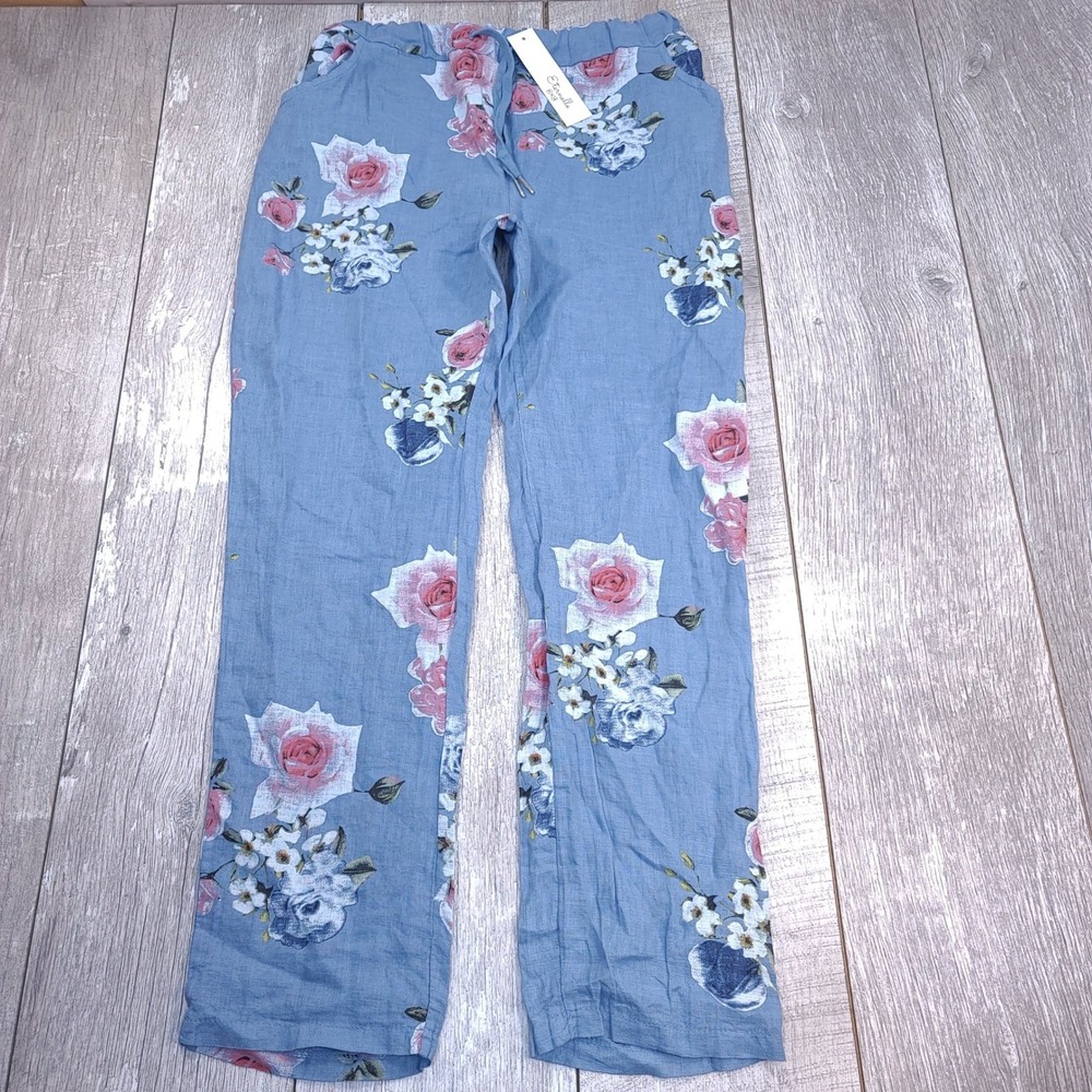 Eternelle Floral Pants Women Large Blue Linen Drawstring Roses Summer Beach